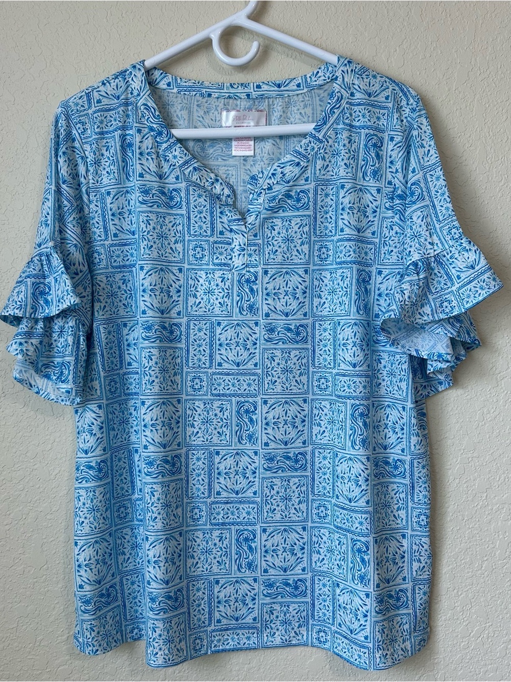 Stella Parker Blue Patterned Ruffle Sleeve Women's Top